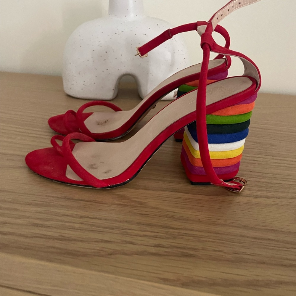 Raye Shoes Women 7 Red Zelda Sandals Multicolored Rainbow Block Heel